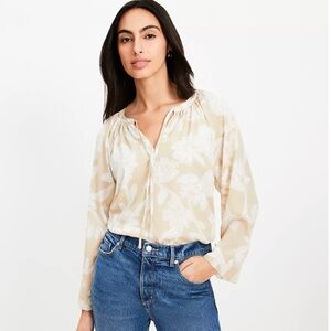 LOFT Floral Tie Neck Flare Sleeve Blouse